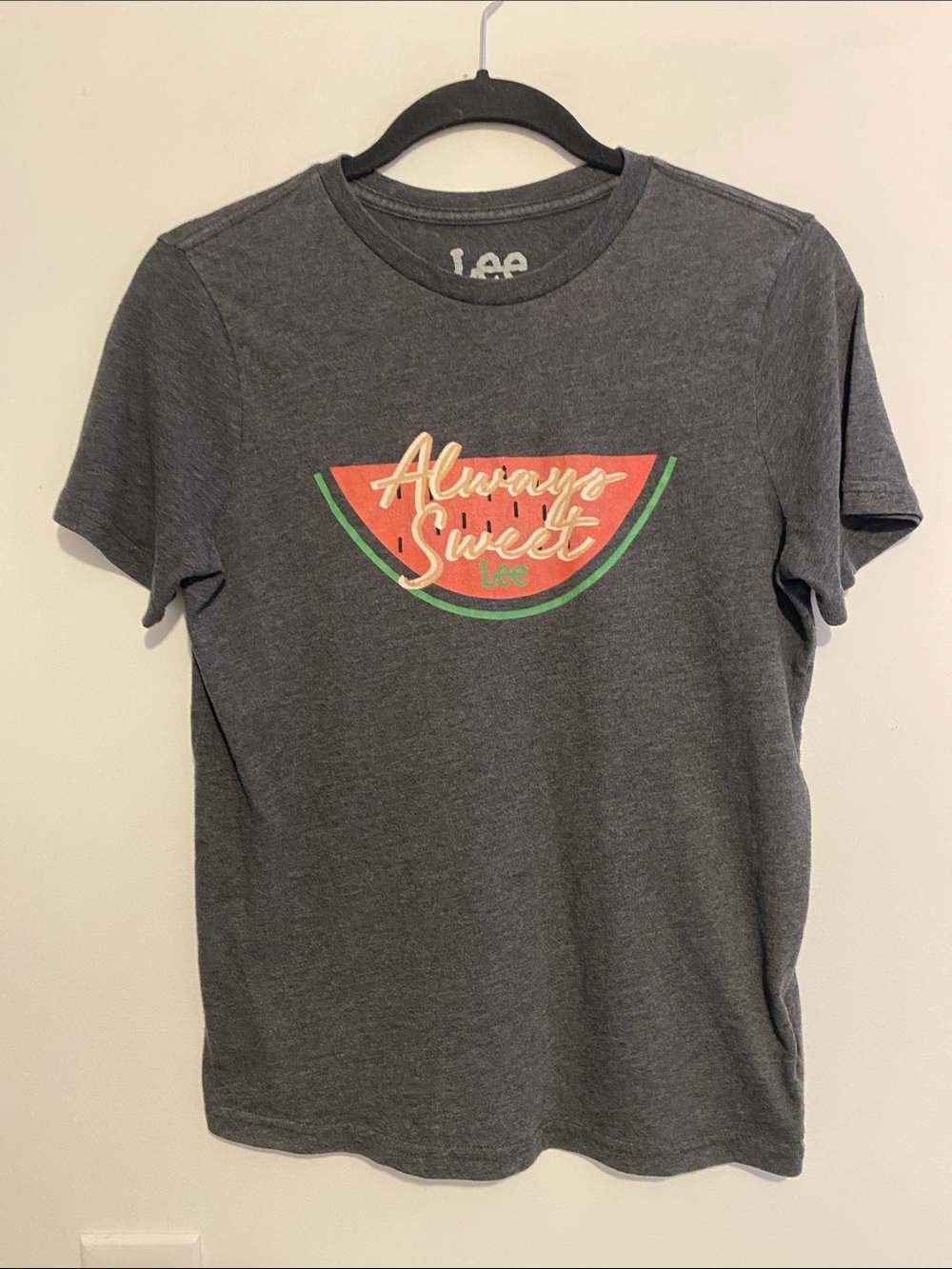Lee Charcoal Tee with Watermelon Graphic, no holes or rips